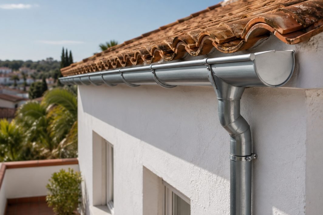 Canalón metálico y bajante recién instalados en el alero de una vivienda de Salou
