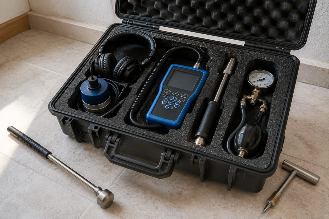 Equipo profesional de detección de fugas de agua: geófono, correlador acústico y gas trazador