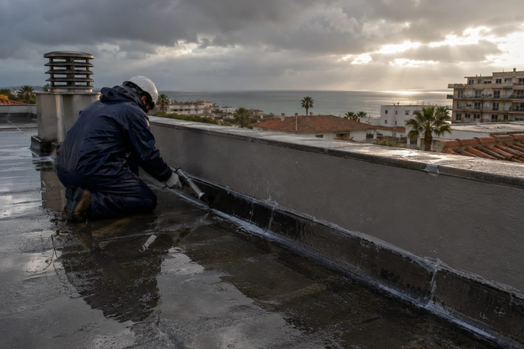 Reparación urgente de una junta perimetral en cubierta tras un temporal en Salou