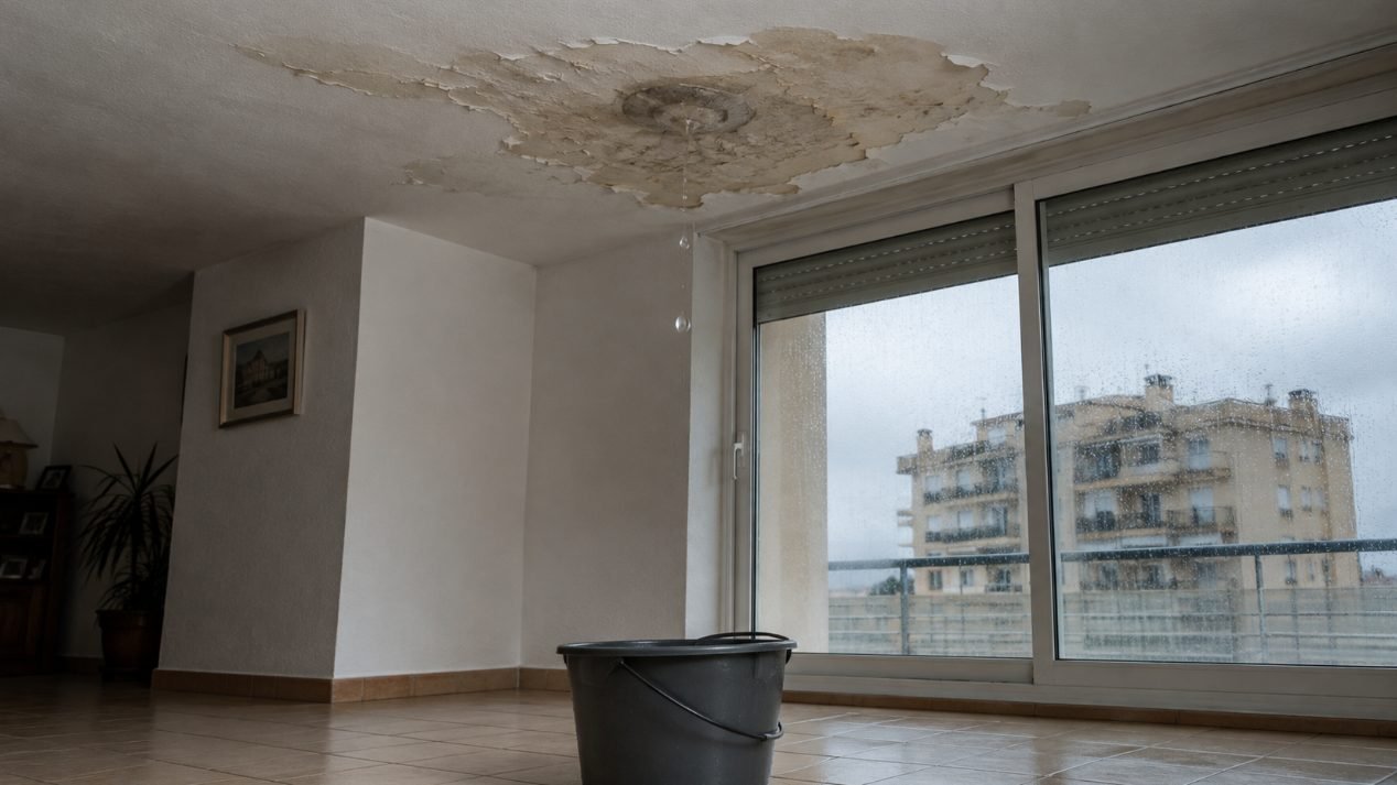 Reparación de goteras en Salou: filtración activa en el techo de una vivienda